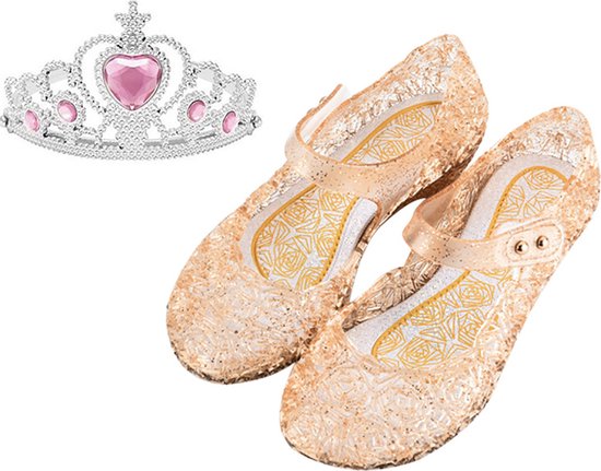 Prinsessenschoenen klittenband + kroon (tiara) - goud - maat 28/29 - vallen 1-2 maten kleiner - Het Betere Merk - verkleedschoenen prinses - prinsessen schoenen plastic - Giftset voor bij je Prinsessenjurk - binnenzool 17,5 cm