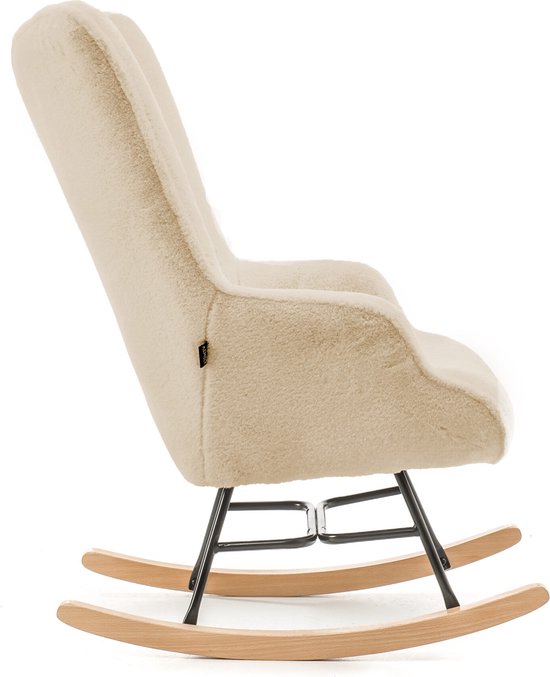 Aemely® Schommelstoel 'Mama' - Beige Imitatiebont, Blank Hout