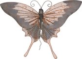 Grote metalen vlinder grijs/goudbruin 34 x 24 cm tuin decoratie - Tuindecoratie vlinders - Dierenbeelden hangdecoraties