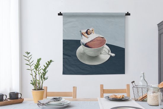 Tenture murale - Toile murale - Femme - Café - Vintage - 90x90 cm - Tapisserie