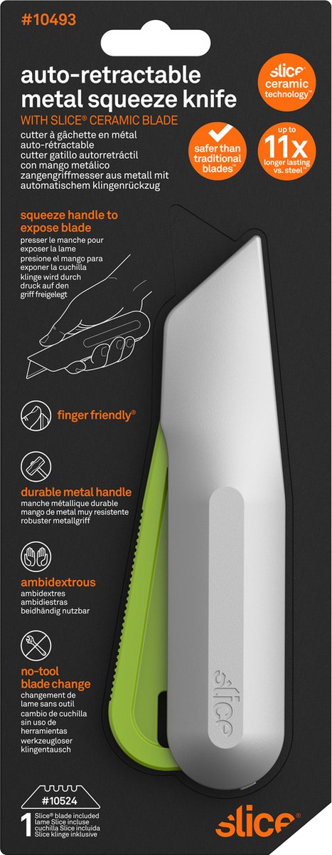 Slice Squeeze Knife Box Cutter, Ceramic Blade, Finger Friendly Lasts 11X  (10493)