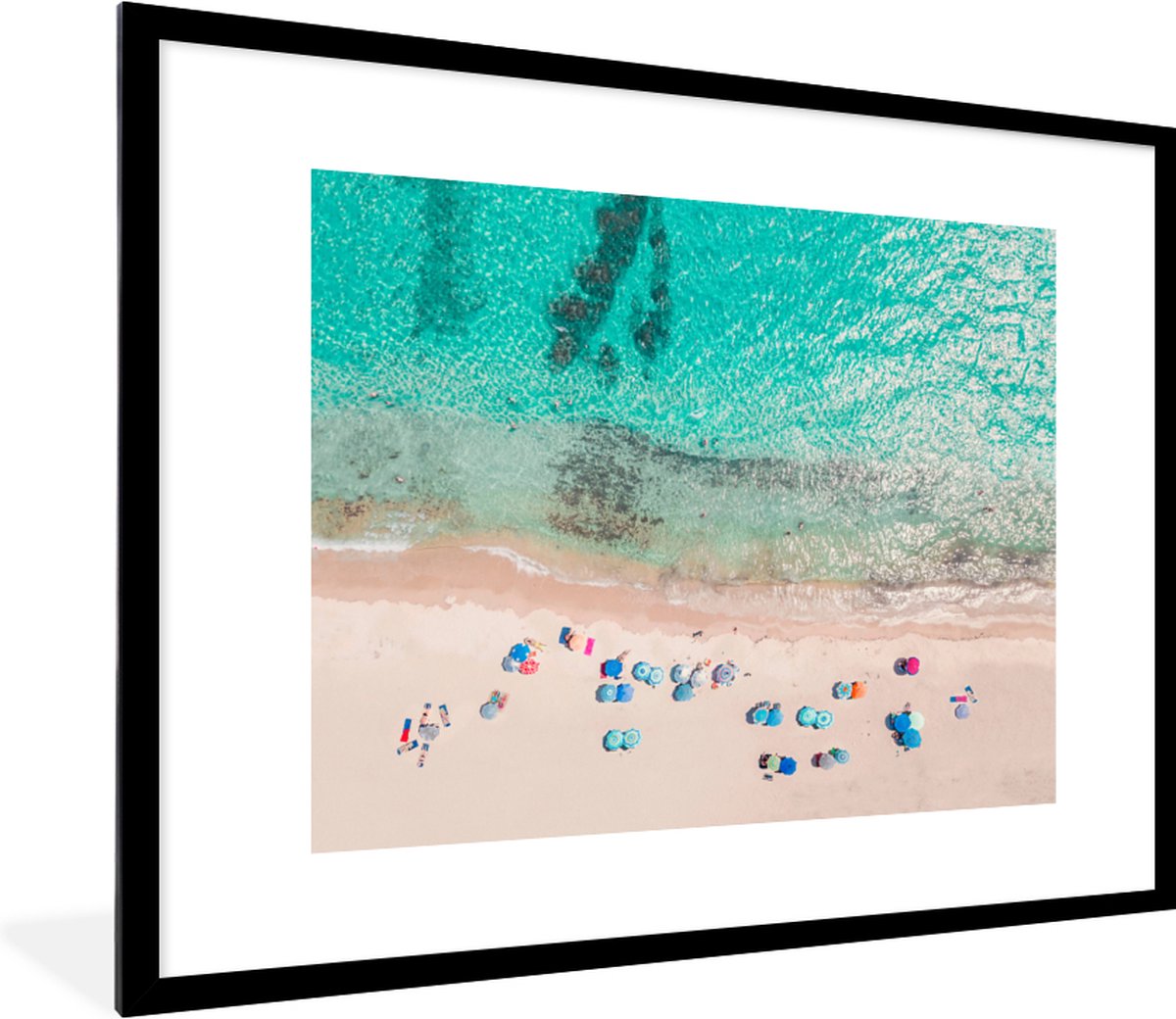 Fotolijst incl. Poster - Zee - Strand - Zomer - Parasols - Blauw - 80x60 cm - Posterlijst