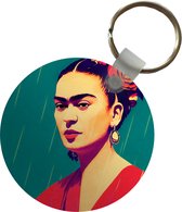 Sleutelhanger - Portret - Frida Kahlo - Vrouw - Vintage - Rood - Plastic - Rond - Uitdeelcadeautjes