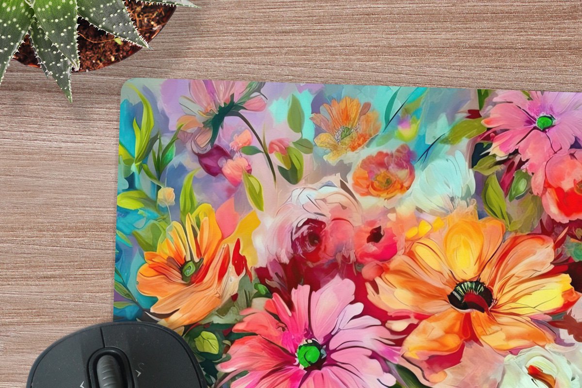 Muismat XXL 50x50 cm - Bureau onderlegger - Bureau mat Bloemen - Kleurrijk - Kunst - Olieverf - Bureaumat - Gaming mousepad xl - Bureaulegger groot - Computer deskmat