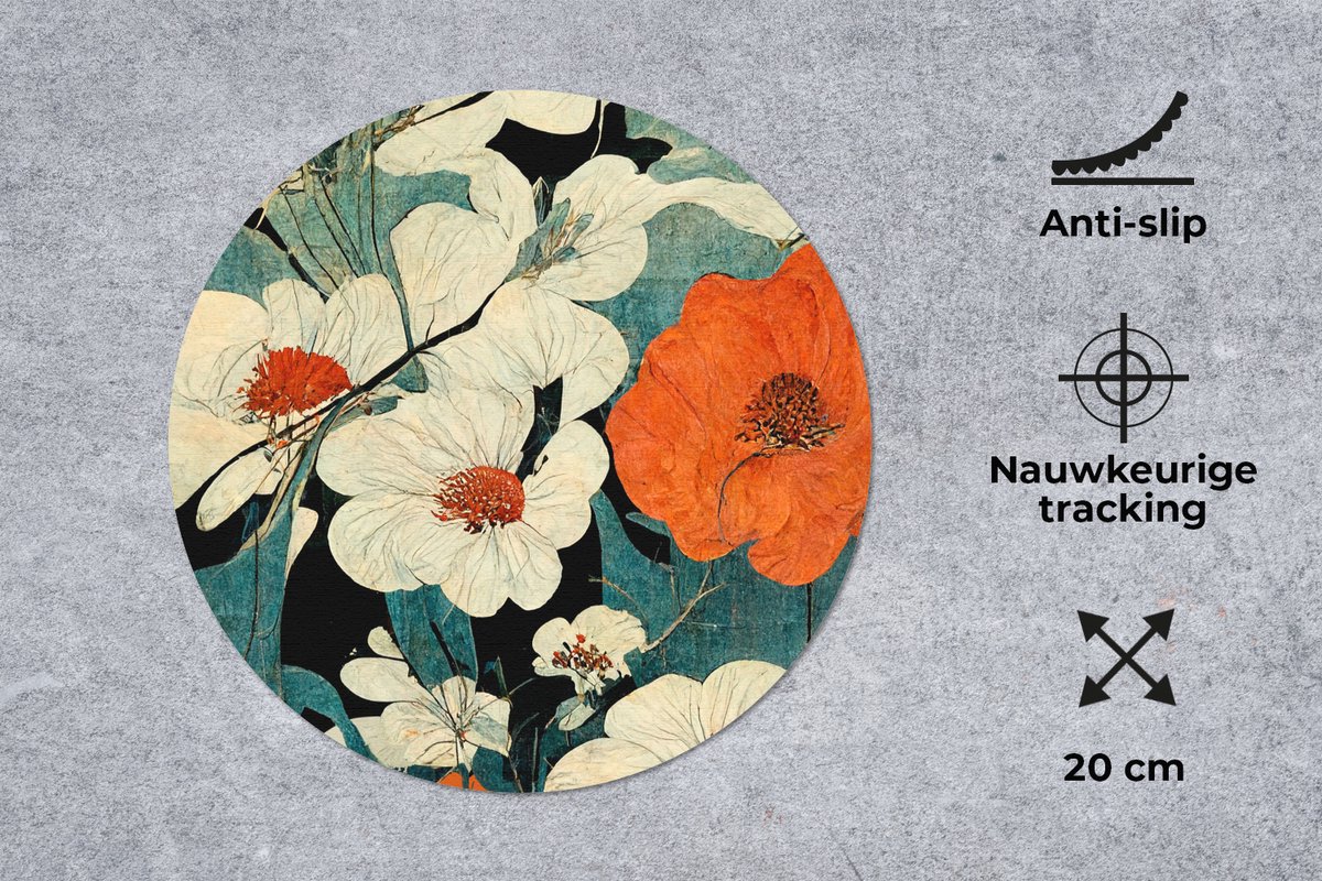 Muismat rond 20x20 cm - Mousepad Bloemen - Planten - Vintage - Azië - Oranje - Ronde muismatten
