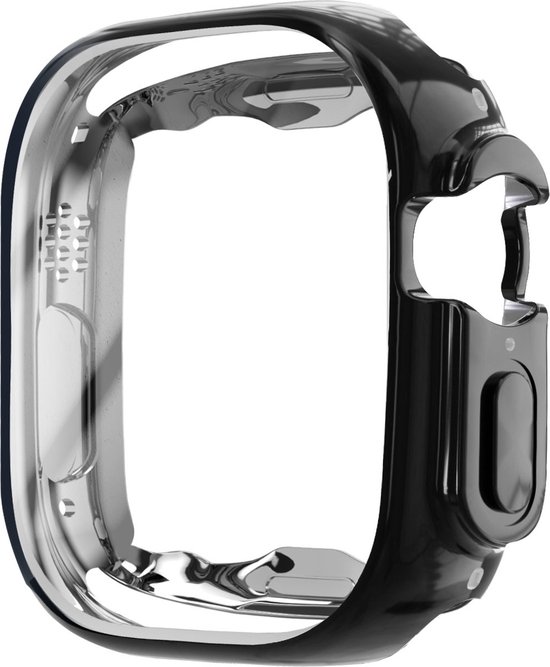 Transparante en zwarte beschermhoes voor een Apple Watch.