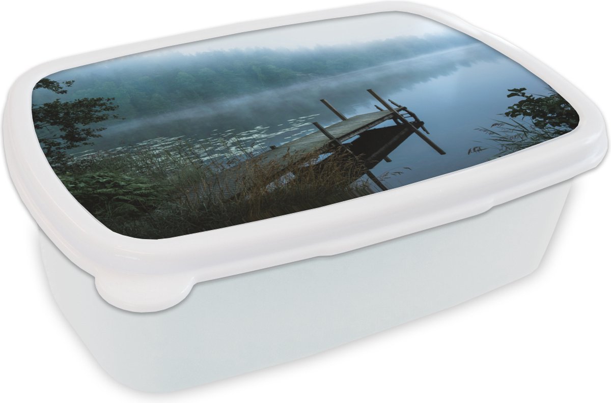 Broodtrommel Wit - Lunchbox - Brooddoos - Natuur - Meer - Bos - Mist - 18x12x6 cm - Volwassenen