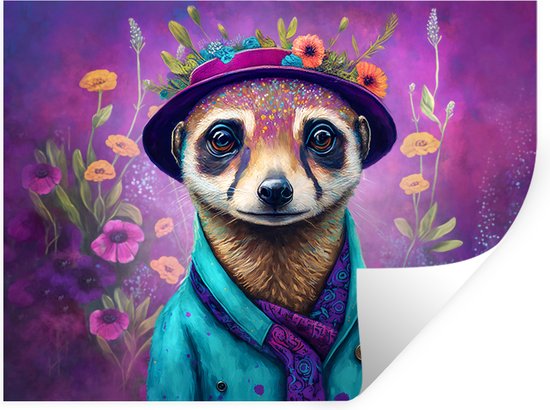 Stickers muraux - Film autocollant - Suricate - Fleurs - Peinture - Violet - Portrait - Suricate - 40x30 cm - Film adhésif - Stickers muraux Chambre d'enfant - Papier peint autocollant - Papier peint autocollant - Film autocollant