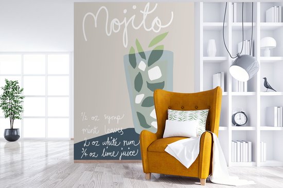 Behang - Fotobehang Mojito - Cocktail - Groen - Recept - Breedte 205 cm x hoogte 280 cm - Behangpapier