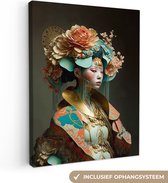 Canvas Schilderij Vrouw - Bloemen - Oranje - Portret - Asian - 90x120 cm - Wanddecoratie