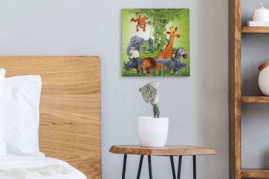 Tableau sur toile Animaux de la jungle - Plantes - Enfants - Éléphant - Girafe - Lion - 20x20 cm - Décoration murale