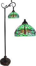 HAES DECO - Tiffany Vloerlamp 152 cm Groen Bruin Kunststof Glas Rond Staande Lamp Glas in Lood Tiffany Lamp