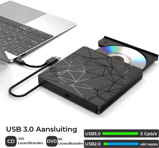 Zwarte DVD-brander met geometrisch patroon aangesloten op laptop. CD 24x lezen/branden, DVD 8x lezen/branden via USB 3.0.