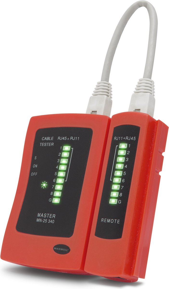 MAXWELL Netwerk Tester - RJ45 en RJ11 en RJ12 Kabel Tester - Internet LAN tester - Incl. 1x Batterij en Bewaaretui