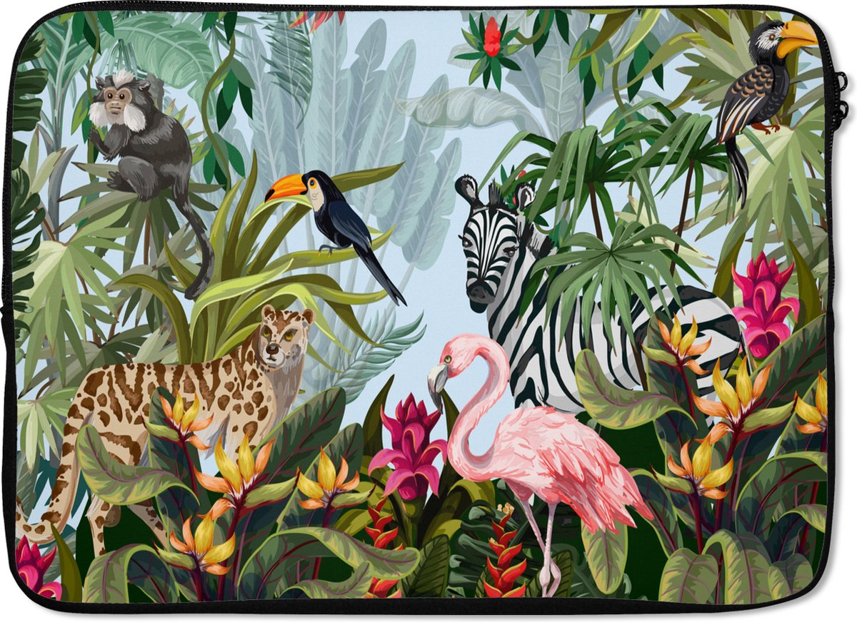 Laptophoes 14 inch - Jungle - Natuur - Jongens - Meisjes - Kinderen - Zebra - Flamingo - Laptop sleeve - Binnenmaat 33x23 cm - Zwarte achterkant