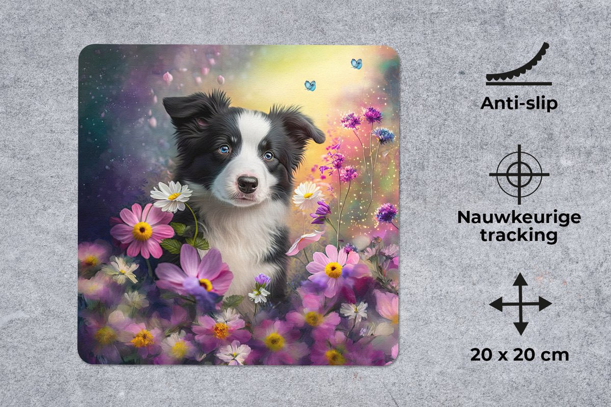 Muismat 20x20 cm - Mousepad Hond - Bloemen - Natuur - Puppy - Bordercollie - Muismatten
