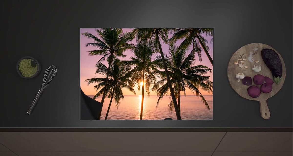 Inductieplaat Beschermer - Tropische Palmbomen voor Oceaan en Zonsondergang - 70x52 cm - 2 mm Dik - Inductie Beschermer met zwarte kern