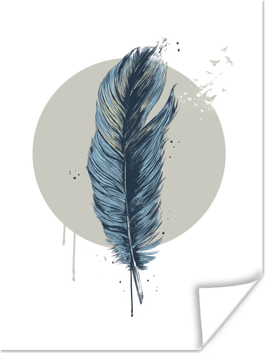 Poster Veer - Maan - Vogels - Wit - 30x40 cm