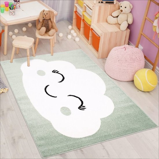 Flycarpets Playful Pals Kids Kinderkamer Wolk Vloerkleed - Groen - 80x150 cm