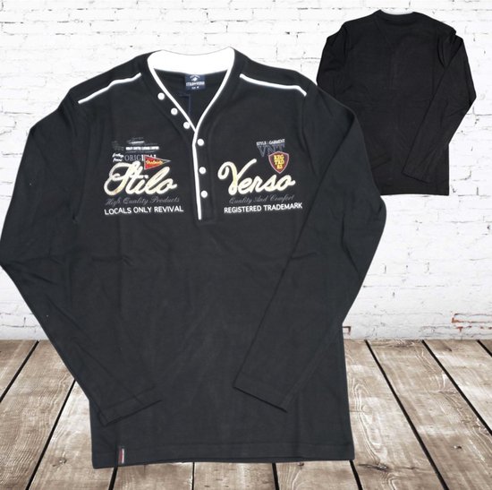 Zwart heren shirt met v hals -Violento-M-Longsleeves heren