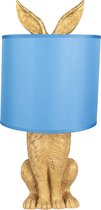 HAES DECO - Tafellamp - City Jungle - Konijn in de Lamp, formaat Ø 20x43 cm - Goudkleurig met Blauwe Lampenkap - Bureaulamp, Sfeerlamp, Nachtlampje