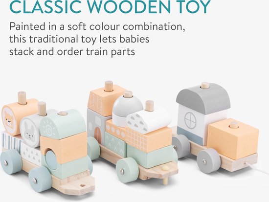 Navaris houten speelgoedtrein voor kinderen - Trein van hout met 20 blokken - Voor jongens en meisjes van 18 maanden en ouder - Oranje/groen - Navaris