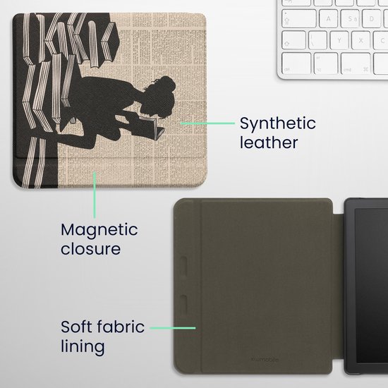 kwmobile e-reader hoesje geschikt voor Tolino Vision 6 hoes - E reader flip case met magnetische sluiting - Ereader cover - Meisje met boeken design in zwart / beige van kwmobile — afbeelding 2