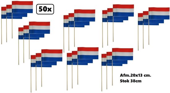 50x Zwaaivlaggetjes op stok rood/wit/blauw - zwaai vlaggetjes EK WK thema feest nederland koningsdag festival uitdeel