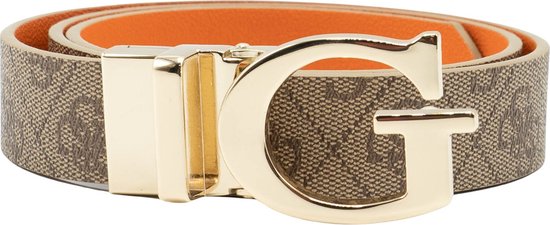 Bruine Guess riem met logoprint en oranje binnenzijde, met grote gouden G-gesp.