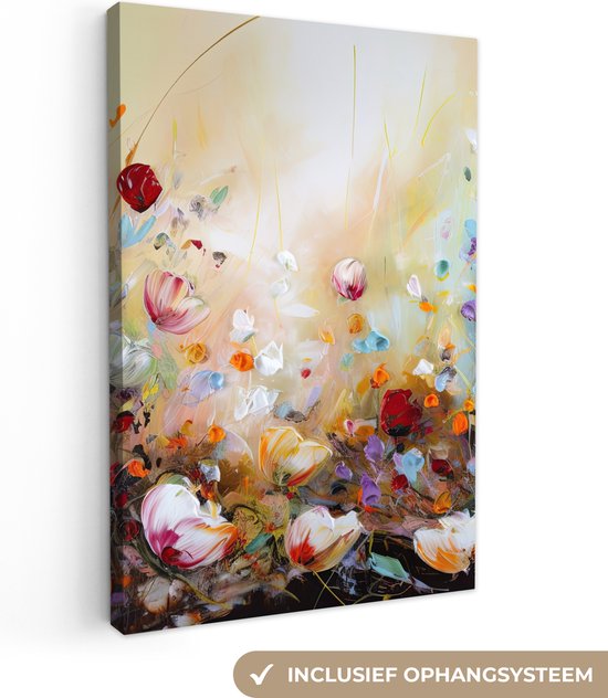Canvas Schilderij Olieverf - Bloemen - Kleurrijk - Natuur - 40x60 cm - Wanddecoratie
