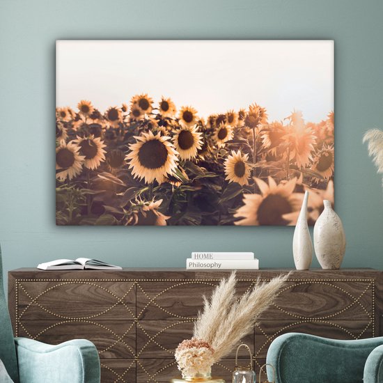 Tableau Toile Tournesols - Champ - Coucher de Soleil - Fleurs - Jaune - 120x80 cm - Décoration murale