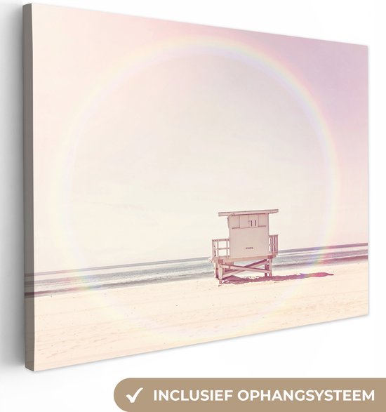 Tableau sur toile Plage - Cabane - Soleil - Mer - Été - 80x60 cm - Décoration murale