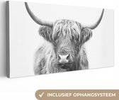 Canvas Schilderij Schotse hooglander - Dieren - Hoorns - Zwart wit - 80x40 cm - Wanddecoratie