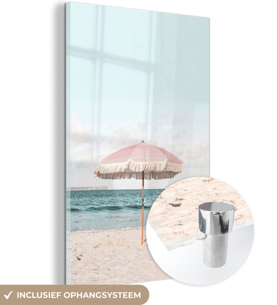 MuchoWow® Glasschilderij 60x90 cm - Schilderij acrylglas - Parasol - Strand - Zee - Wolken