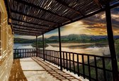 Fotobehang - Vlies Behang - Terras met uitzicht op het meer en de bergen 3D - 312 x 219 cm