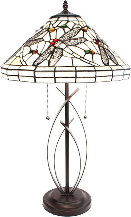 HAES DECO - Lampe à Poser Tiffany Ø 41x69 cm Beige Glas Zwart Métal Libellule Ronde Lampe de Bureau Tiffany Lampes Tiffany Glas