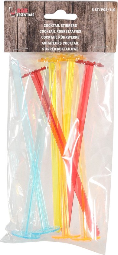 Pakket met acht transparante, rode, gele en blauwe cocktailroerders in plastic verpakking.