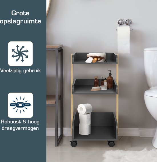 Bomoe Opbergwagen op 4 Zwenkwielen met Rem & 3 Etages Bosse - FSC® Houten Rolwagen Serveerwagen Keukentrolley voor Keuken Badkamer Kantoor Woonkamer 32x35x69cm Zwart
