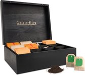 Boîte à Thé Grandlux 12 Compartiments - Compartiments Spacieux pour Clipper, Pukka, Twinings & Thee en Vrac - Boîte à Thé - Zwart