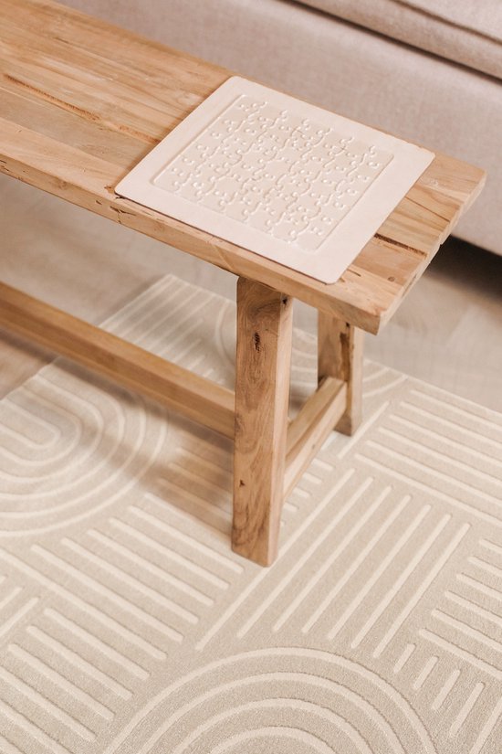 Tapis Poils Ras, Cercle, Salon, Boho Géométrique -Crème - Ø120 cm (Rond) - Tapis Moderne Super Doux