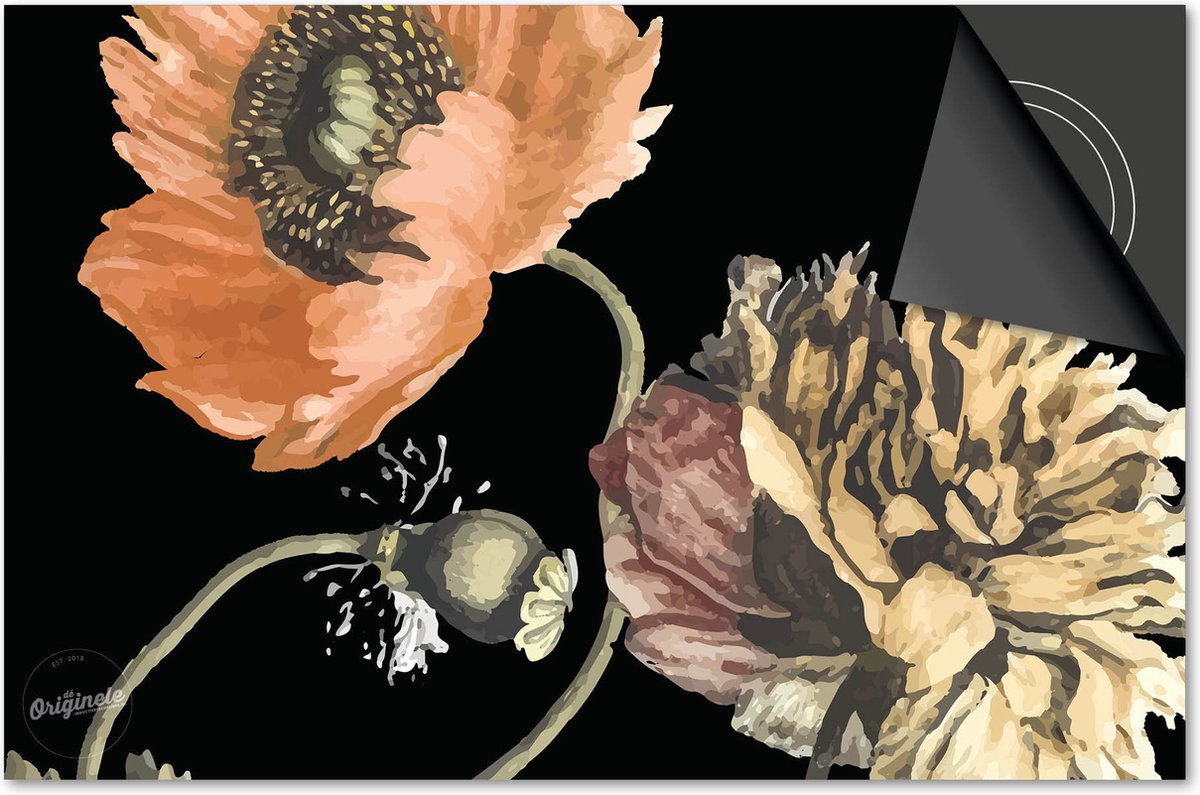 Inductie beschermer 81x52 - afdekplaat inductie mat - Dietrix Kookplaat beschermer - Base - Botanical - Bloemen divers op zwart