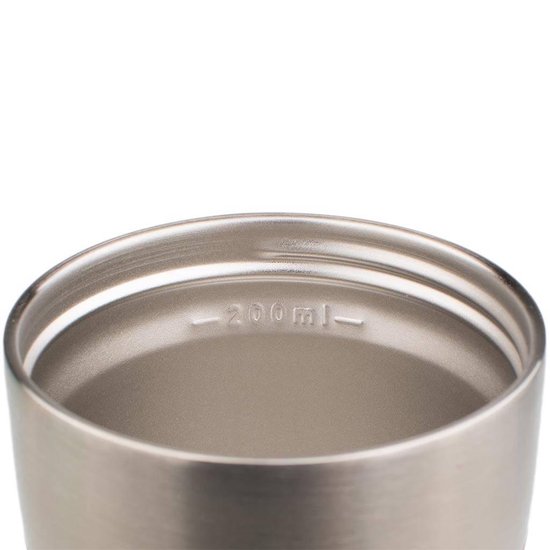 Binnenzijde van een zilverkleurige RVS beker met markering '200ml'.