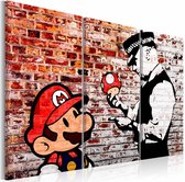 Schilderij - Muurschildering op baksteen - Banksy , rood , mario bros , 3 luik