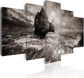 Schilderij - Schip in zware Storm, 5luik , zwart wit , wanddecoratie , premium print op canvas