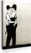 Schilderij - Kussende Agenten by Banksy,  Beige/Zwart