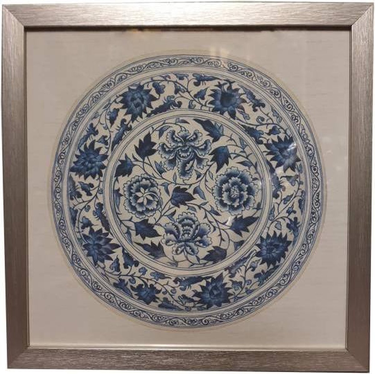 Fine Asianliving Chinees Schilderij met Lijst Chinees Bord Porselein Blauw Wit B35xD3xH35cm