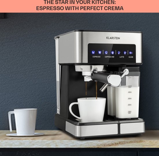 Klarstein Koffiemachine Espresso Pistonmachine met Melkopschuimer, 1,8 L Mini Espressomachine met Piston, 20 Bar RVS Compact, Melkreservoir, 1350 W Koffiemachine voor Gemalen Koffie - Stoompijpje Touch LED - Coffee Machine