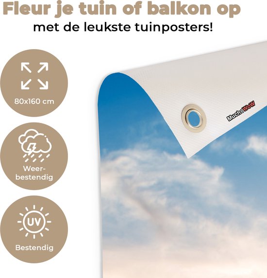 Tuinposter 80x160 cm - Tuindecoratie Steiger - Water - Zonsondergang - Roze - Horizon - Poster voor in de tuin - Buiten decoratie - Schutting tuinschilderij - Tuindoek muurdecoratie - Wanddecoratie balkondoek