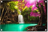 Tuinposter waterval - Bomen - Bladeren - Roze - Natuur - Tuinschilderij voor buiten - Tuindecoratie - Schutting decoratie - 60x40 cm - Tuin - Tuindoek - Schuttingdoek - Tuinposters