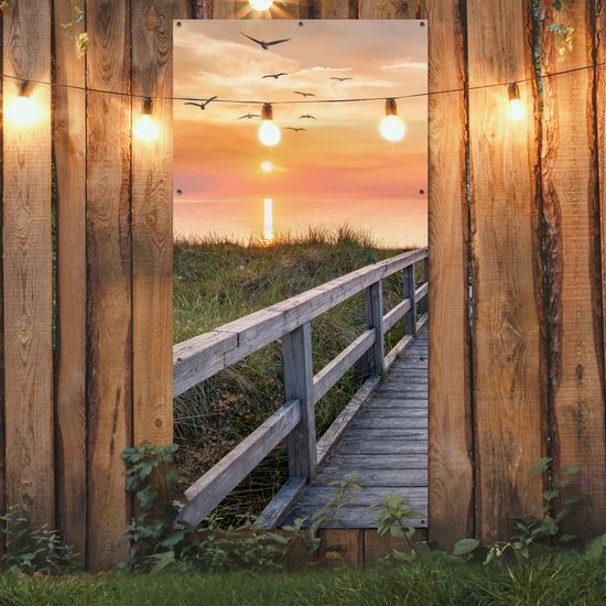 Affiche clôture Coucher de soleil - Mer - Chemin - Herbe - Dune - Vogels - 100x200 cm - Toile jardin